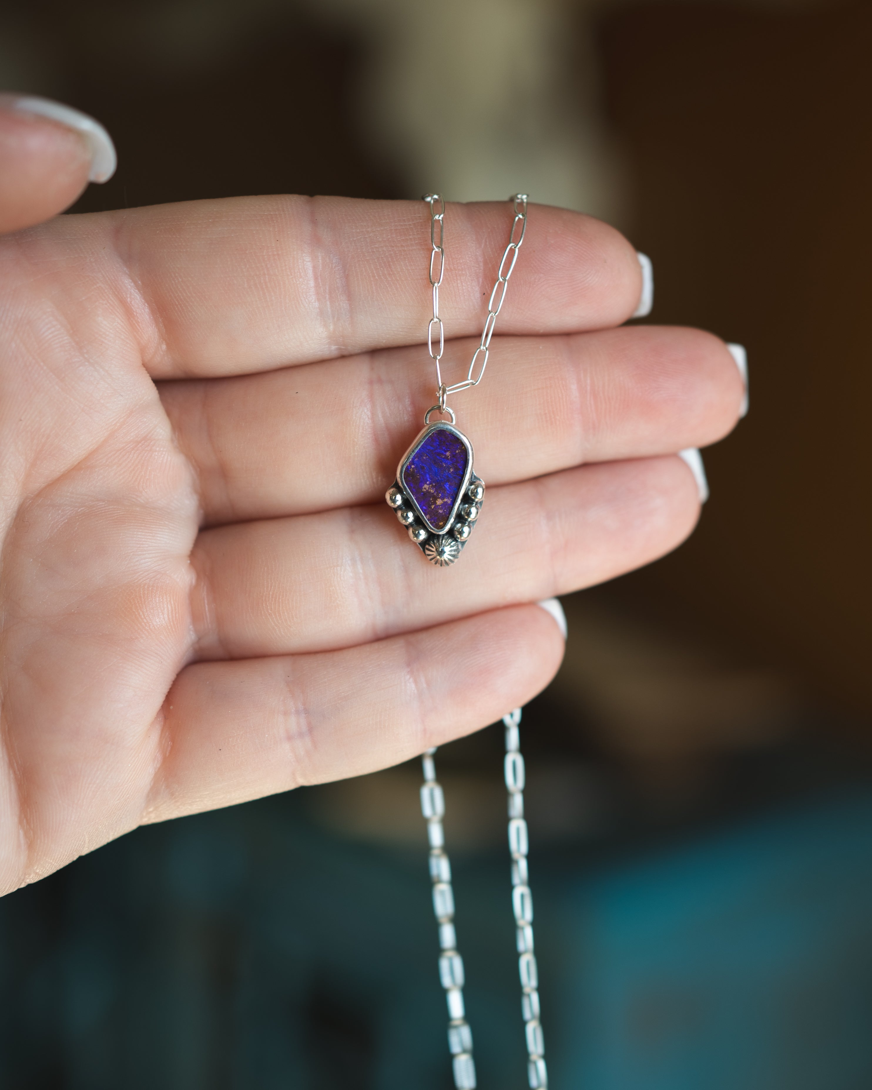 Petite Bright Purple Natural Australian Boulder Opal Necklace