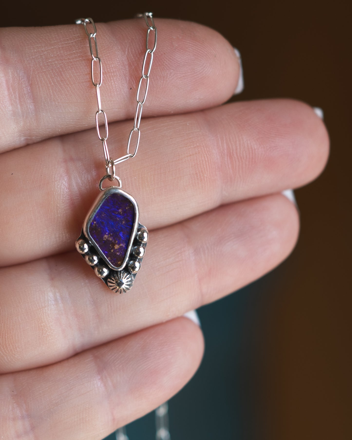 Petite Bright Purple Natural Australian Boulder Opal Necklace
