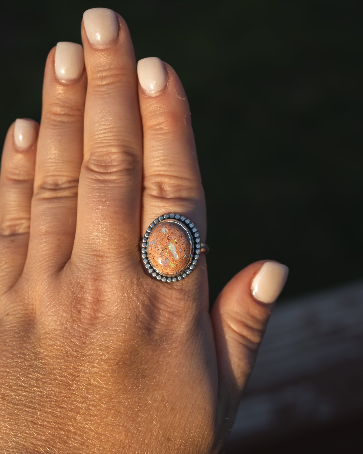 Beautiful Peach Toned Natural Mexican Fire Opal Ring