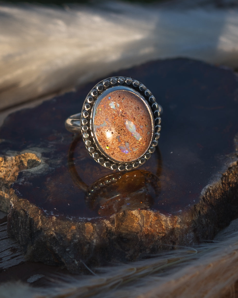 Beautiful Peach Toned Natural Mexican Fire Opal Ring