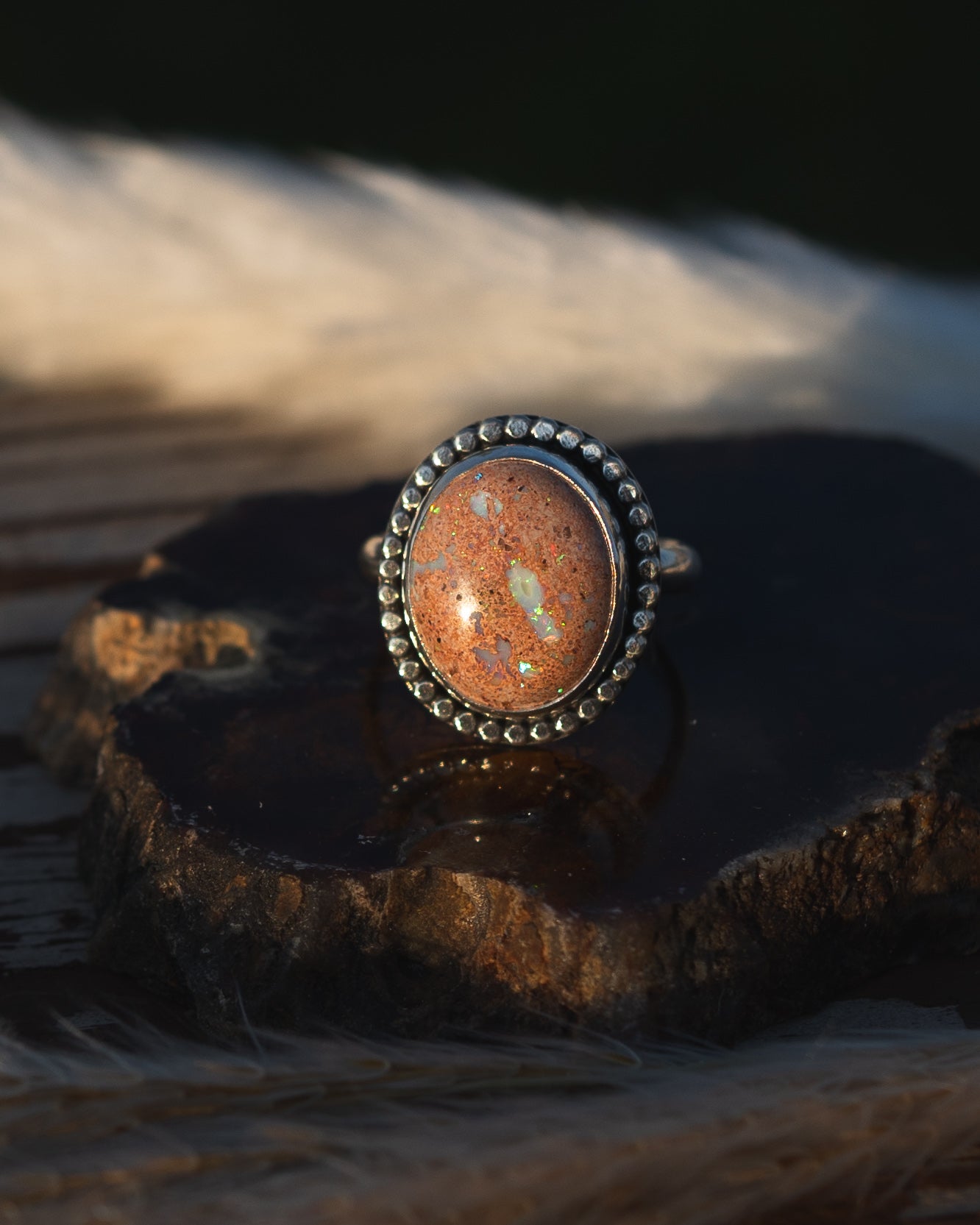 Beautiful Peach Toned Natural Mexican Fire Opal Ring