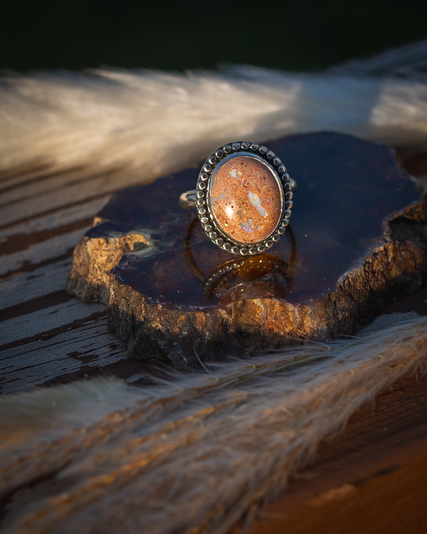 Beautiful Peach Toned Natural Mexican Fire Opal Ring