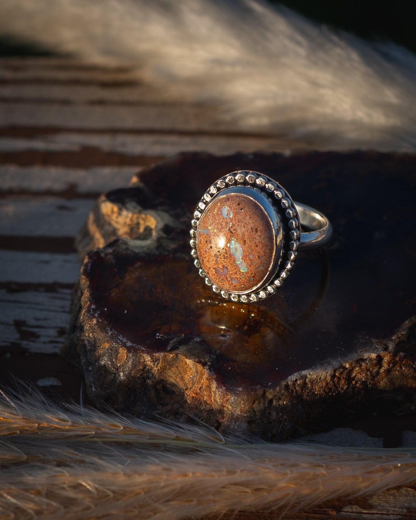 Beautiful Peach Toned Natural Mexican Fire Opal Ring